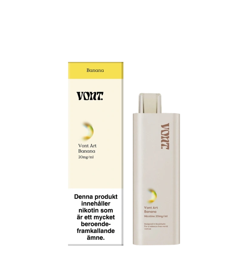 Vont Art Banana disposable vape with 20 mg nicotine, 2 ml e-liquid, 1 unit, banana flavor.
