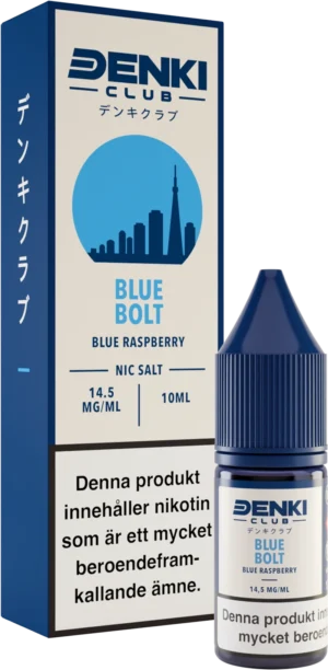 Denki Club Blue Bolt nicotine salt e-liquid in a 10 ml bottle with a box, 14.5 mg