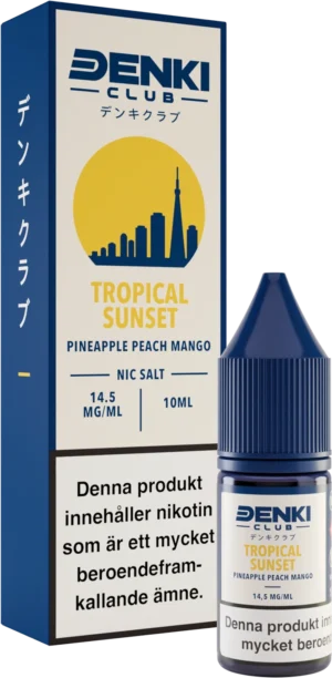 Denki Club Tropical Sunset e-liquid bottle and box, pineapple peach mango flavor, 10 ml, nicotine salt 14.5 mg