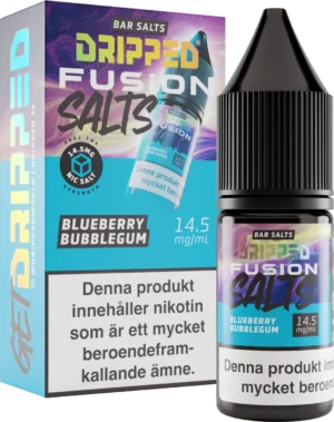 Dripped Fusion Salts Blueberry Bubblegum nicotine salt, 10 ml bottle, 14.5 mg, 50VG/50PG, by Dripped, United Kingdom.