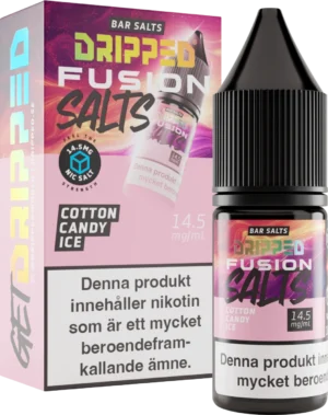 Dripped Fusion Salts Cotton Candy Ice, nicotine salt 14.5 mg, 10 ml bottle with packaging, manufactured in United Kingdom
