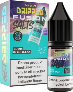Dripped Fusion Salts Sour Blue Razz nicotine salt, 10 ml bottle, 14.5 mg nicotine, 50VG/50PG, produced in United Kingdom.