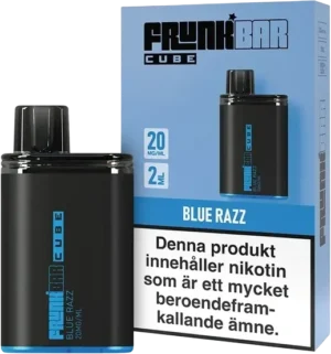 Frunk Bar Cube Blue Razz disposable vape, 20 mg nicotine, 2 ml capacity.