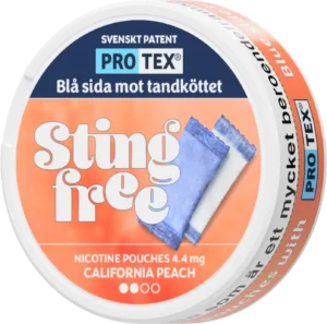 Sting Free California Peach Slim tobacco-free snus, all white, 4 mg/portion, 11 g