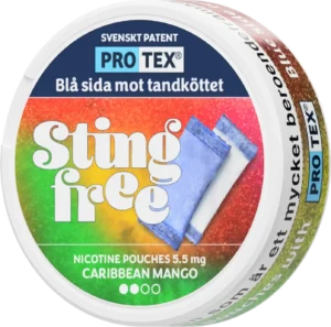 Sting Free Caribbean Mango tobacco-free snus, all white, normal strength, 5.5 mg/portion, slim format, 11 g.
