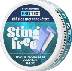 Sting Free Ocean Mint Slim tobacco-free snus with mint flavor, normal strength 5,5 mg/portion, 11 g pack.