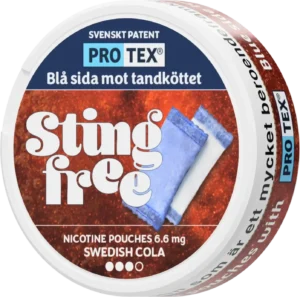 Sting Free Slim all white tobacco-free snus with Cola flavor, 6 mg/portion, 11 g per pack.