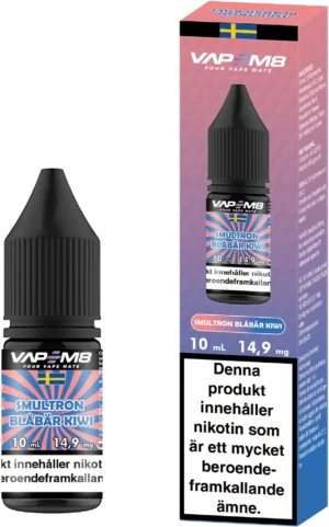 VapeM8 Salt bottle and box with Smultron Blueberry Kiwi flavor, 10 ml, 14.9 mg nicotine salt.