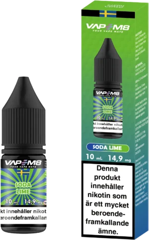 VapeM8 Salt Soda Lime nicotine salt e-liquid, 10 ml, 14.9 mg, 50VG/50PG, made in Sweden.