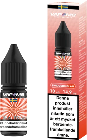 VapeM8 Salt Strawberry Ice Cream bottle and box, 10 ml nicotine salt 14.9 mg, 50VG/50PG blend, manufactured in Sweden by Vapem8