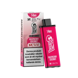 Zeltu Just Jam Raspberry Coconut pre-filled pod, 14 mg nicotine, 2 ml pod, 1-pack.